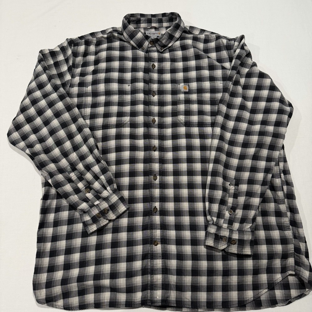 Carhartt Mens 2XL Tall Relaxed Fit Plaid Button Down Shirt Stretch Black White